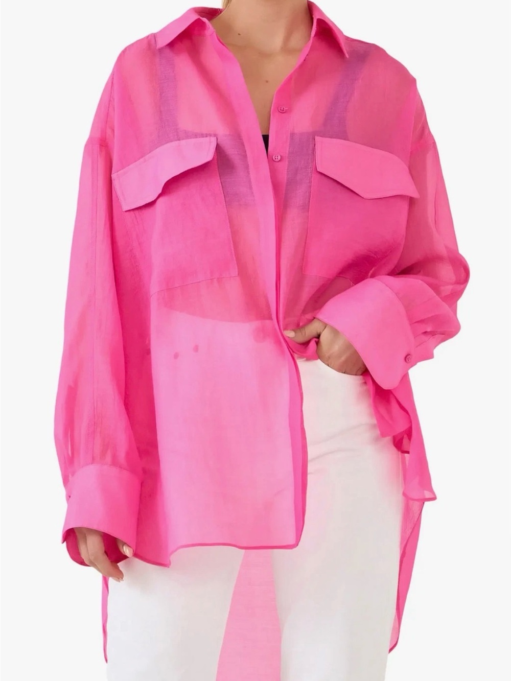 GREY LAB Hot Pink Sheer Button-Up Blouse